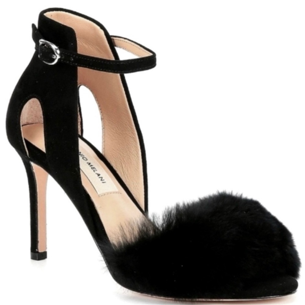 ANTONIO MELANI Kayleigh Rabbit Fur Open Toe Ankle Strap Heels Black Size 9